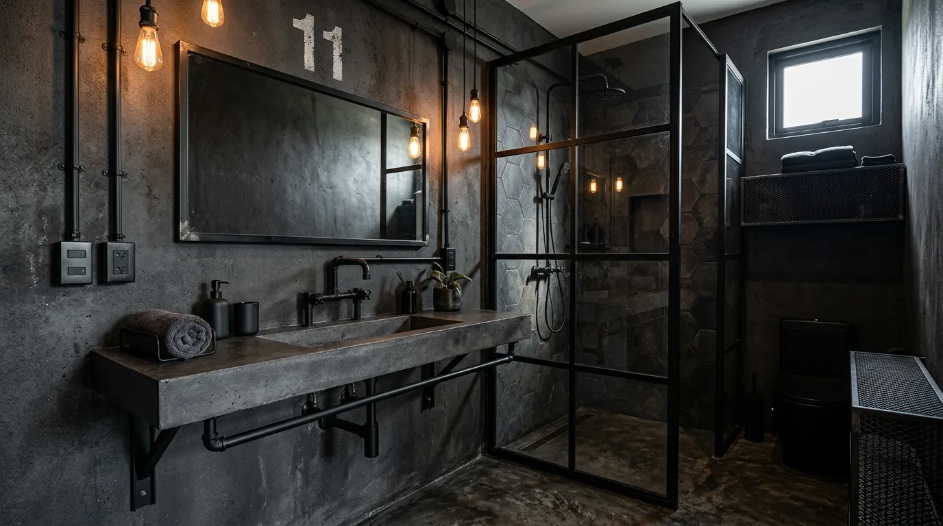 Add industrial character with concrete and metal inspiration for a black bathroom.